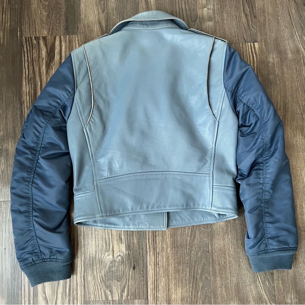 Sandro Blue Goat Leather Coat Biker Moto Bomber Jacket with Pleated Sleeves - Picture 10 of 16